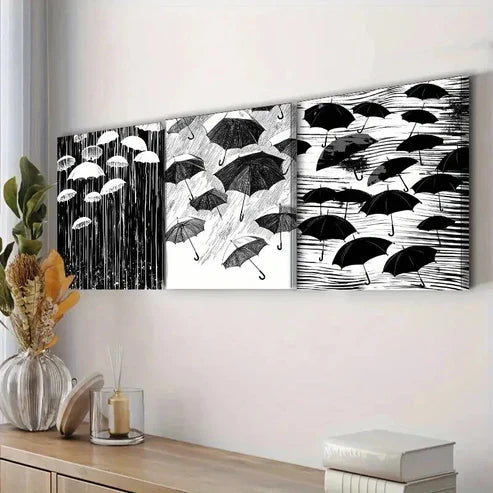 3pcs Black White Umbrellas in the Wind and Rain Wall Art Canvas Unframed - High Quality Print 100% Australian Made Wall Canvas