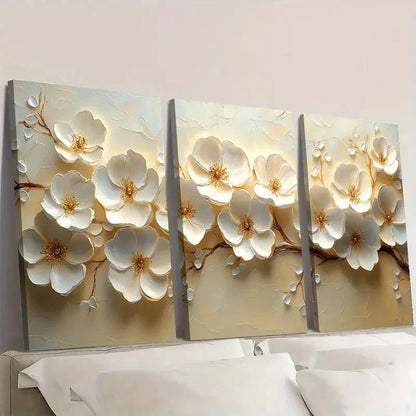 3pcs Textured White & Golden Floral  GR  Wall Art Set Canvas Framed 50x70cm - High Quality Print 100% Australian Made Wall Canvas Ready to Hang