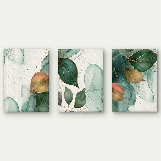 3pcs Abstract Botanical Green and Gold Leaves Wall Art Set Canvas Framed 60x90cm - High Quality Print 100% Australian Made Wall Canvas Ready to Hang