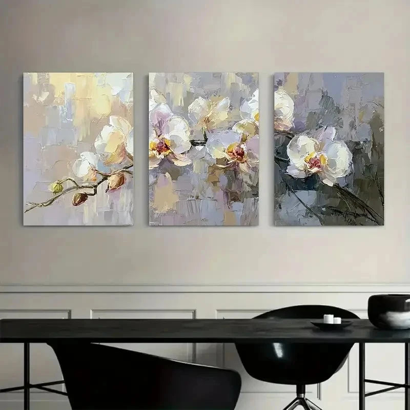 3pcs Abstract White Orchid in Light Gray Metal Print Ready to Hang Art - Bella Home Decor