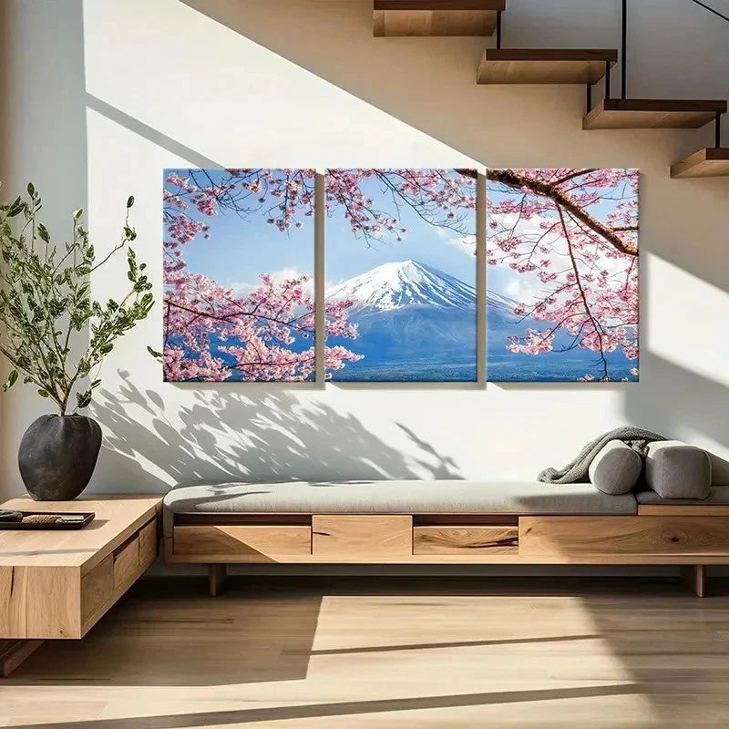 3pcs Japan Mount Fuji & Cherry Blossoms Wall Art Set Canvas Framed 50x70cm - High Quality Print 100% Australian Made Wall Canvas Ready to Hang