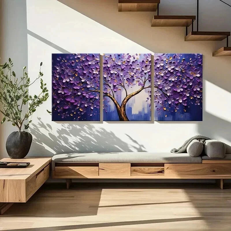 3pcs Abstract Purple Blossom Tree Painting Wall Art Set Canvas Framed 60x90cm - High Quality Print 100% Australian Made Wall Canvas Ready to Hang - Bella Home Decor