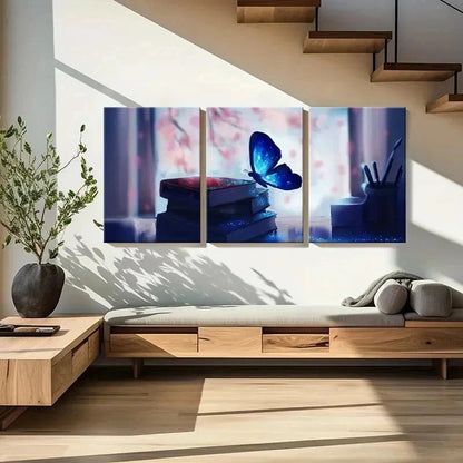3pcs Sparkling Butterfly Resting On Books Wall Art Set Canvas Framed 50x70cm - High Quality Print 100% Australian Made Wall Canvas Ready to Hang