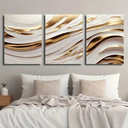 3pcs White Golden Wave Lines Creative Perfect Wall Art Set Canvas Framed 50x70cm - High Quality Print 100% Australian Made Wall Canvas Ready to Hang - Bella Home Decor