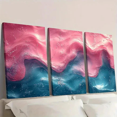 3pcs Vibrant Pink & Green Swirls on Blue GT  Wall Art Set Canvas Unframed - High Quality Print 100% Australian Made Wall Canvas - Bella Home Decor