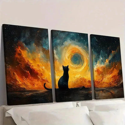 3pcs Vibrant for Galaxy & Nebula Cosmic Cat Wall Art Set Canvas Framed 60x90cm - High Quality Print 100% Australian Made Wall Canvas Ready to Hang - Bella Home Decor