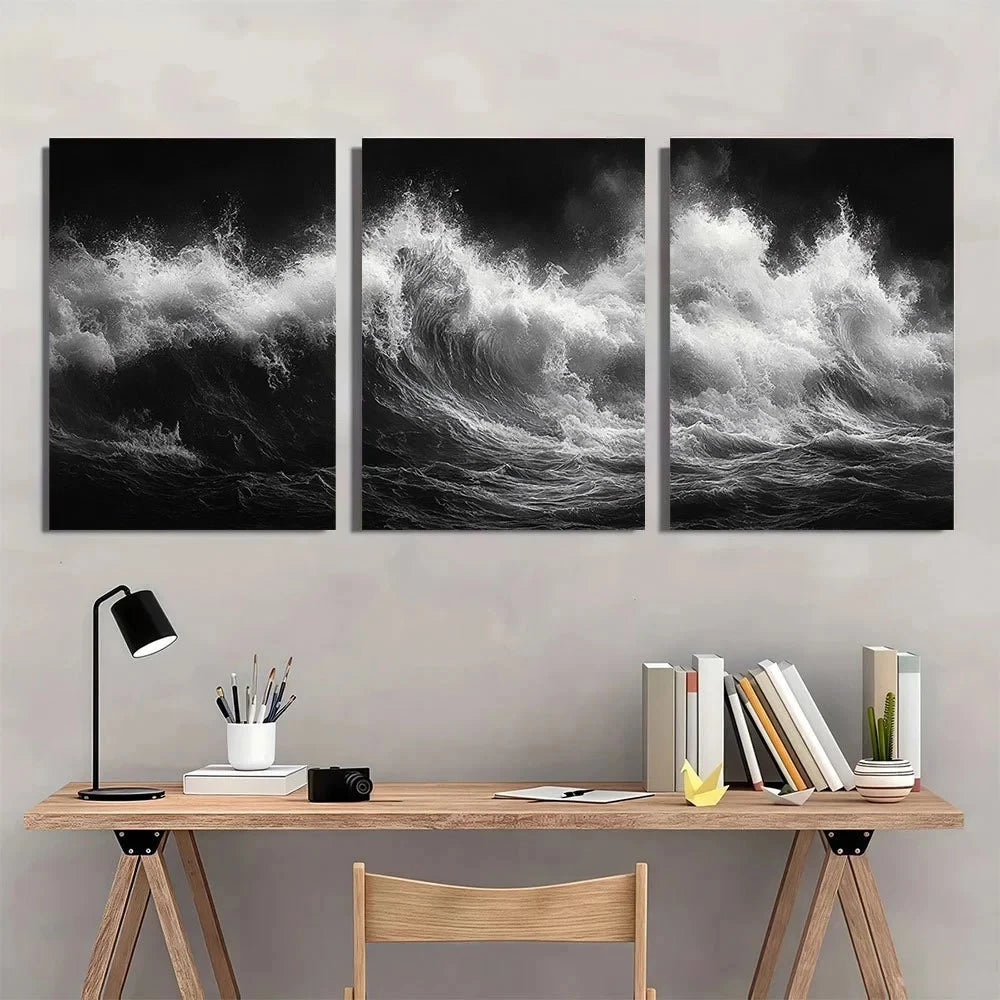 3pcs Black and White Tidal Waves Metal Print Ready to Hang Art - Bella Home Decor