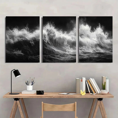 3pcs Black and White Tidal Waves Metal Print Ready to Hang Art - Bella Home Decor