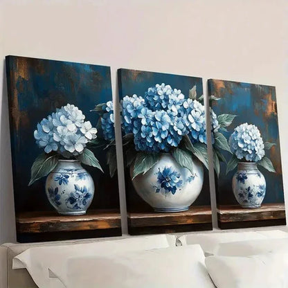 3pcs Elegant Vintage Blue & White Floral Wall Art Canvas Unframed - High Quality Print 100% Australian Made Wall Canvas