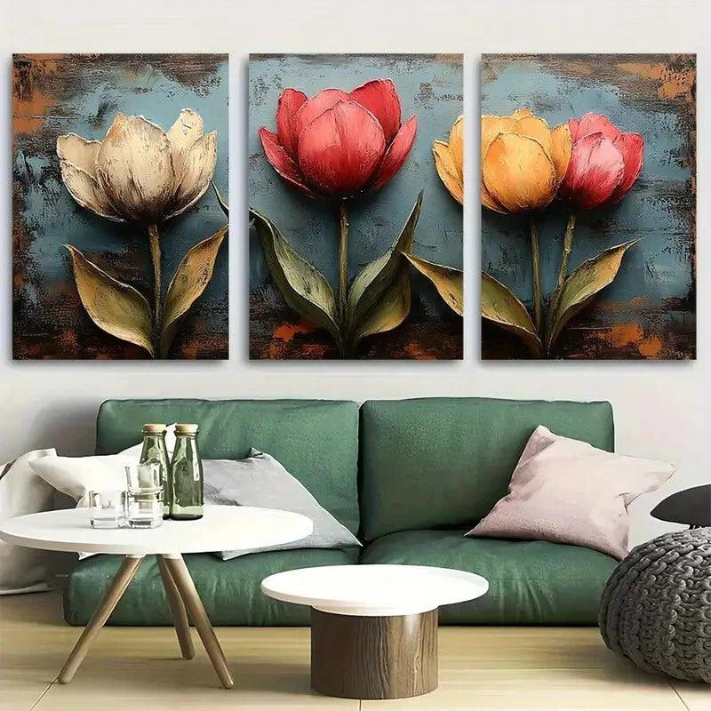 3pcs Tulip Shabby Chic Spring Design Metal Print Ready to Hang Art