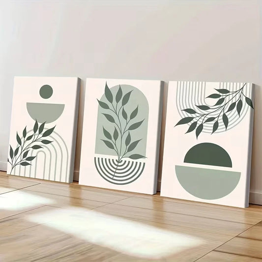 3pcs Boho Floral Art Green and Beige Minimalist Wall Art Set Canvas Framed 50x70cm - High Quality Print 100% Australian Made Wall Canvas Ready to Hang