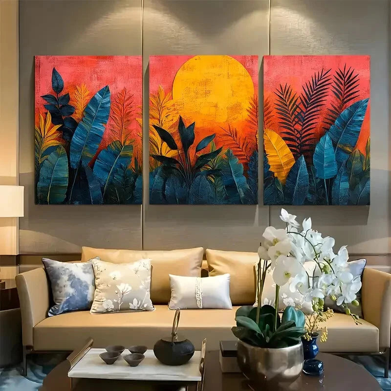 3pcs Tropical Leaf Geometric Collage Abstract Metal Print Ready to Hang Art