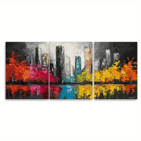 3pcs Black Painting City Colorful Landscape Wall Art Canvas Unframed - High Quality Print 100% Australian Made Wall Canvas - Bella Home Decor
