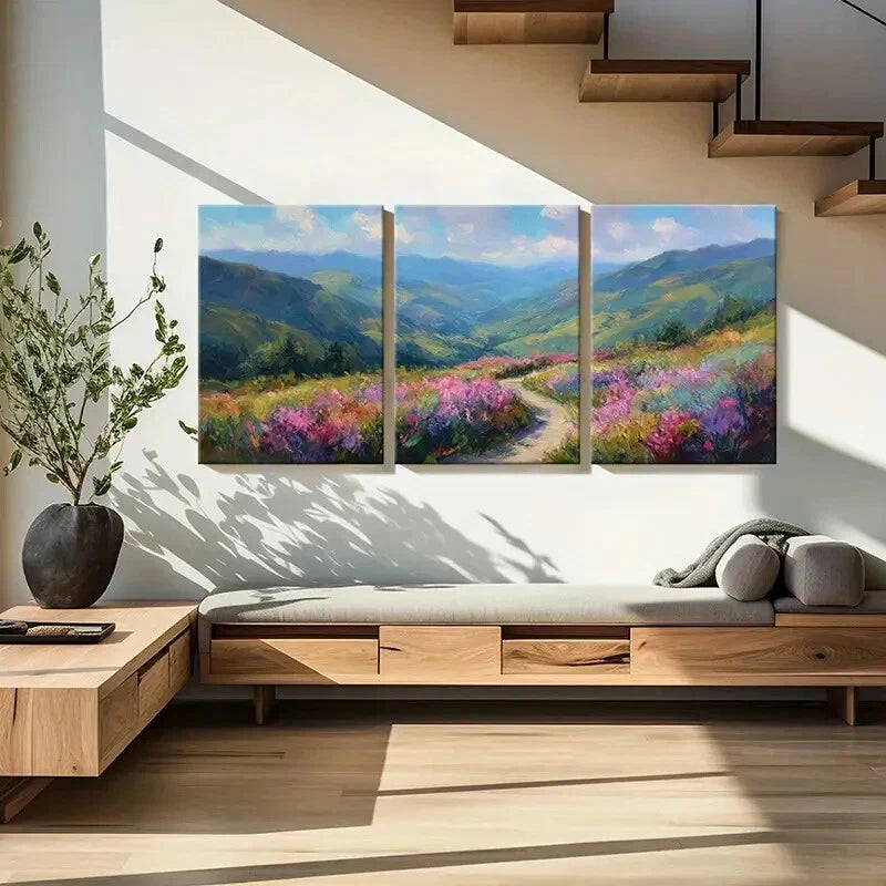 3pcs Mountain View Floral Field Pathway Metal Print Ready to Hang Art - Bella Home Decor