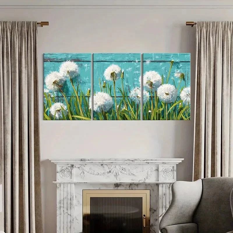 3pcs Dandelion Art White Fluff Blue Background Metal Print Ready to Hang Art - Bella Home Decor
