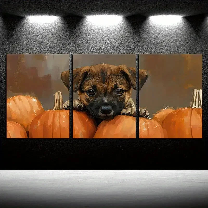 3pcs Vibrant Charming Puppy & Pumpkins Design Metal Print Ready to Hang Art - Bella Home Decor