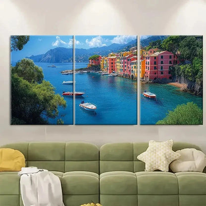 3pcs Portofino Coastal Calm Bay with Boats BH   Wall Art Set Canvas Framed 60x90cm - High Quality Print 100% Australian Made Wall Canvas Ready to Hang - Bella Home Decor