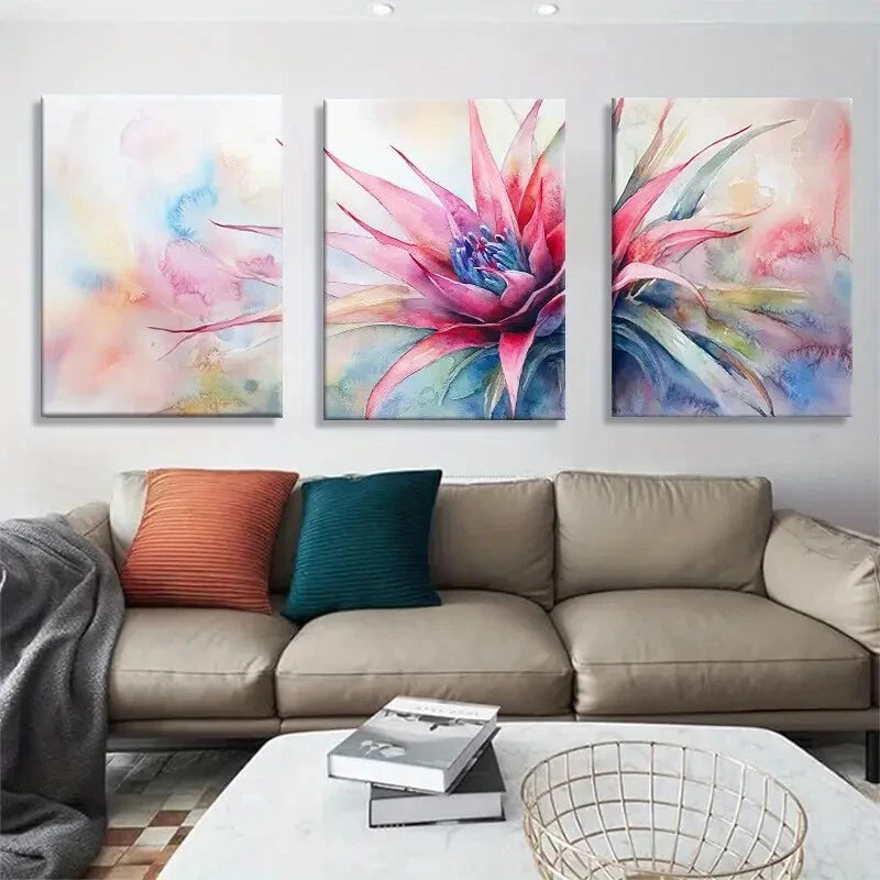 3pcs Watercolor Flower Pink and Blue Botanical Metal Print Ready to Hang Art