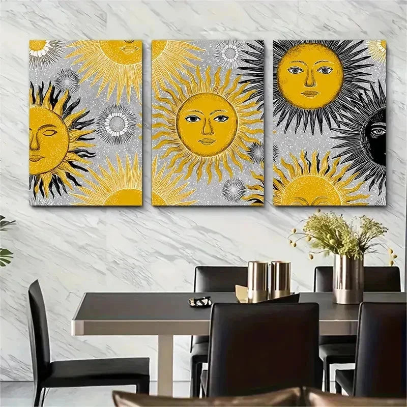 3pcs Vibrant Yellow Suns With Black & Perfect Wall Art Set Canvas Framed 50x70cm - High Quality Print 100% Australian Made Wall Canvas Ready to Hang