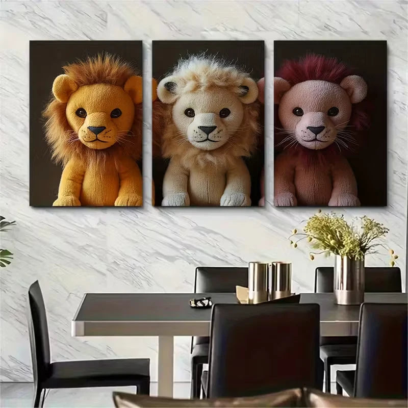 3pcs Soft Lion Toy Metal Print Ready to Hang Art