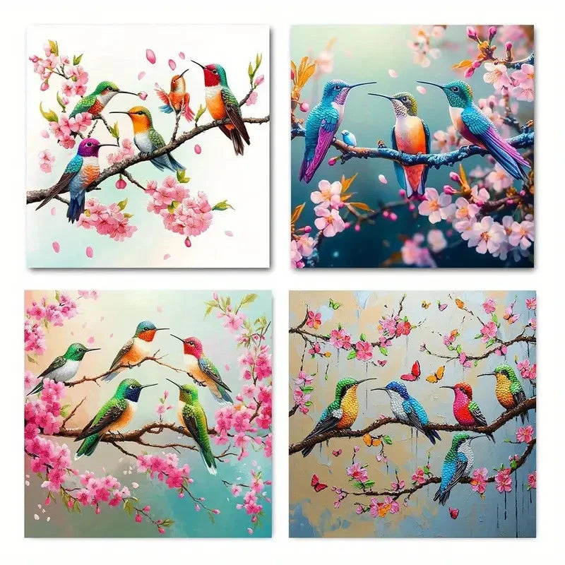 4pcs Vibrant Hummingbirds With Cherry Blossoms Wall Art Canvas Framed