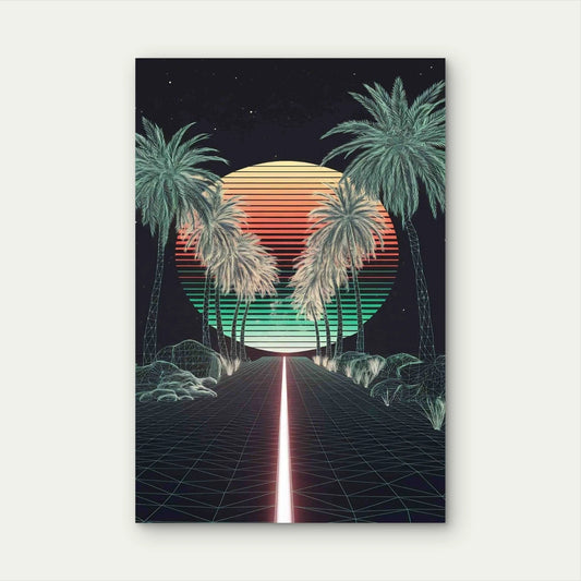 Palm Trees Around Road Retrowave Landscape 40x60cm Metal Print Ready to Hang