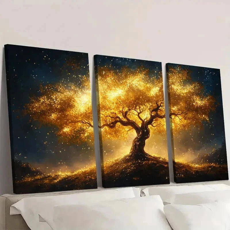 3pcs Golden Tree & Starry Night Sky VU  Wall Art Set Canvas Framed 60x90cm - High Quality Print 100% Australian Made Wall Canvas Ready to Hang - Bella Home Decor