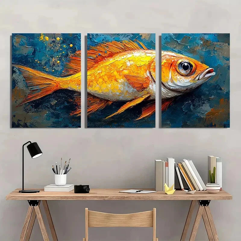 3pcs Sea Life Original Art Fish Artwork Painting Metal Print Ready to Hang Art - Bella Home Decor