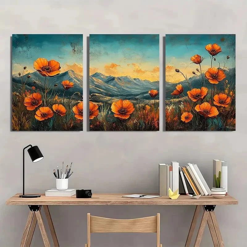 3pcs Vibrant Floral Poppy Wall Art Set Canvas Framed 60x90cm - High Quality Print 100% Australian Made Wall Canvas Ready to Hang