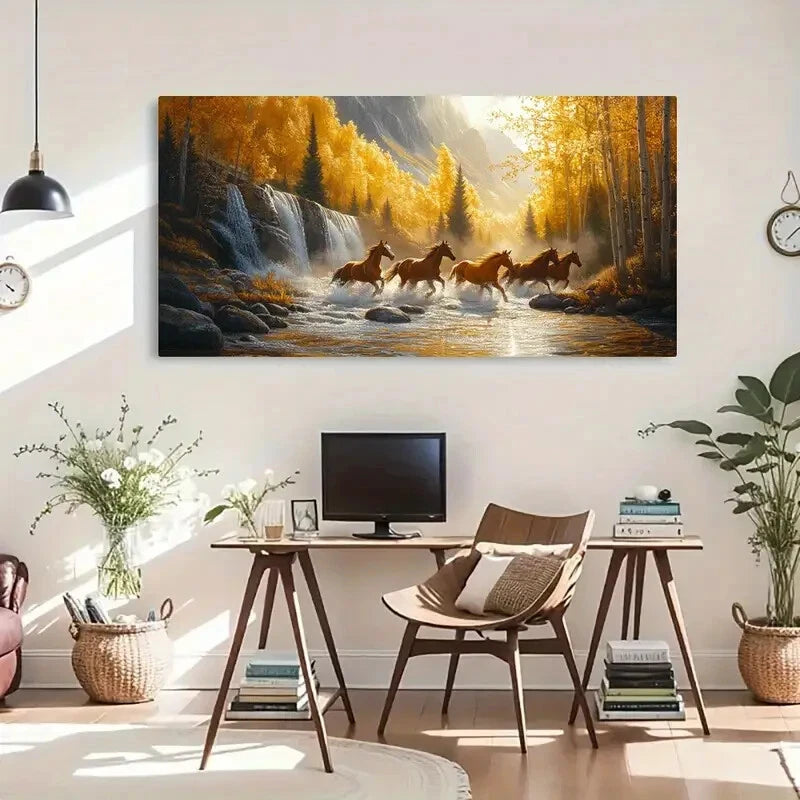 Waterfall & Autumn Leaves Wall Art Canvas Office Home Room Framed 120x60cm - Bella Home Decor