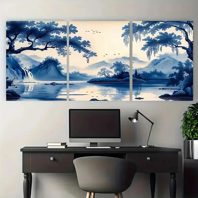 3pcs Chinese Landscape Painting with Tranquil Lake Metal Print Ready to Hang Art - Bella Home Decor