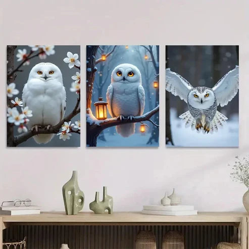 3pcs White Owl Magpies Cherry Blossoms Nature Wall Art Set Canvas Unframed - High Quality Print 100% Australian Made Wall Canvas