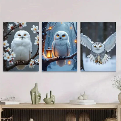 3pcs White Owl Magpies Cherry Blossoms Nature Wall Art Set Canvas Unframed - High Quality Print 100% Australian Made Wall Canvas