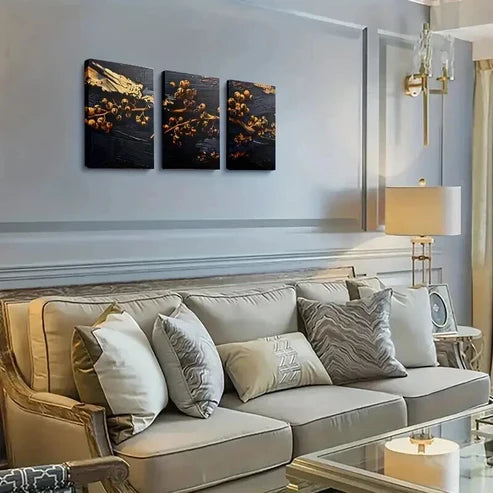 3pcs Golden Berries on Black Background  Art Set Canvas Unframed - High Quality Print 100% Australian Made Wall Canvas - Bella Home Decor