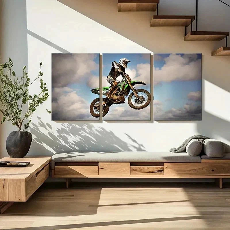 3pcs Motocross Racing Dirt Bike Rider in Action Wall Art Set Canvas Framed 60x90cm - High Quality Print 100% Australian Made Wall Canvas Ready to Hang