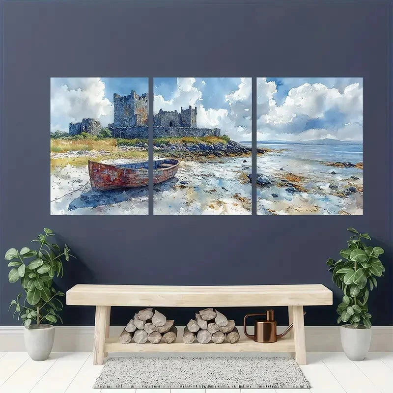 3pcs Dungaire Castle Galway Bay Ireland Watercolor Metal Print Ready to Hang Art - Bella Home Decor
