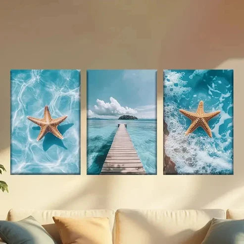 3pcs Starfish and Seaside Scenery Wall Art Canvas Unframed – High Quality Print 100% Australian Made Wall Canvas