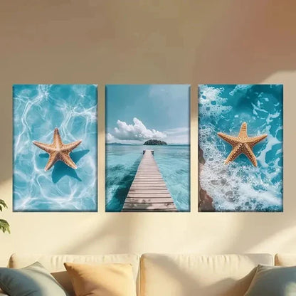 3pcs Starfish and Seaside Scenery Wall Art Canvas Unframed – High Quality Print 100% Australian Made Wall Canvas