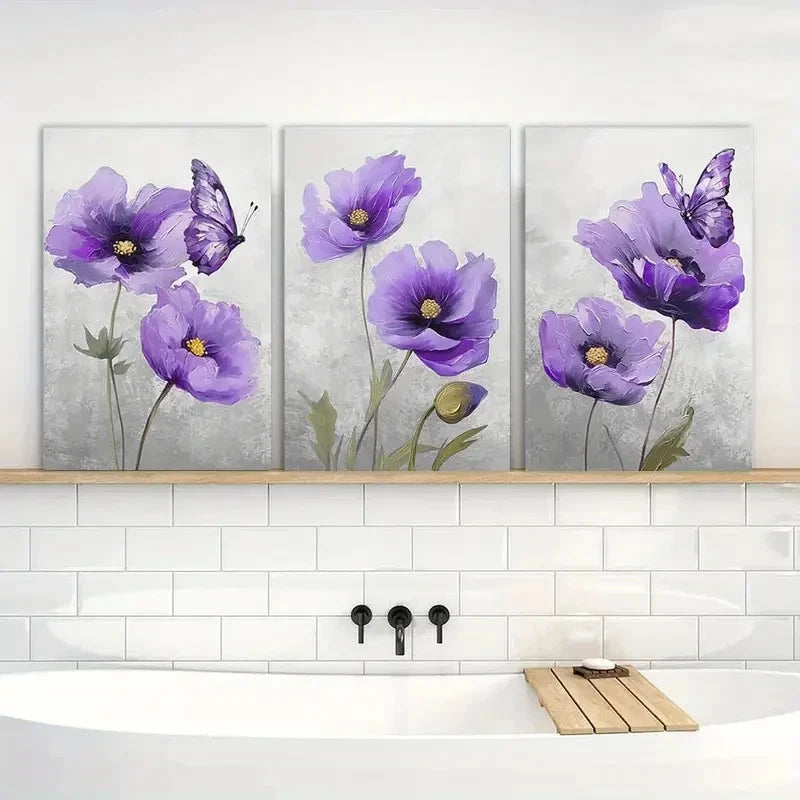 3pcs Flower Poppy Blossom Picture Painting Metal Print Ready to Hang Art - Bella Home Decor