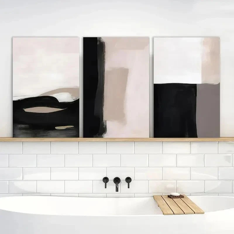 3pcs Painting Abstract Beige Black and White Metal Print Ready to Hang Art - Bella Home Decor