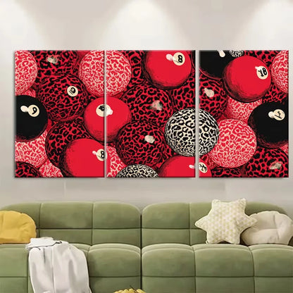 3pcs Red Retro Eight Ball Billiard Metal Print Ready to Hang Art