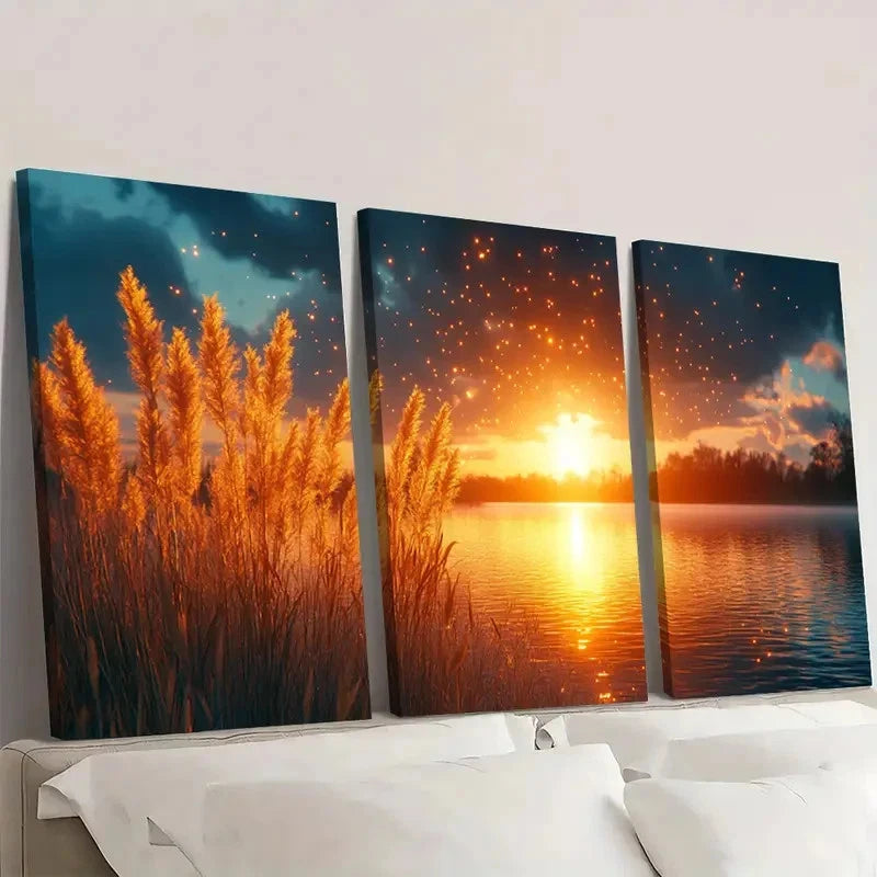 3pcs Golden Sunset, Teal Sky & Silhouetted Gras  Wall Art Set Canvas Framed 60x90cm - High Quality Print 100% Australian Made Wall Canvas Ready to Hang - Bella Home Decor