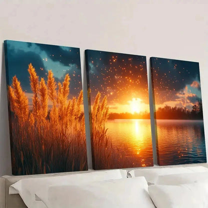 3pcs Golden Sunset, Teal Sky & Silhouetted Gras  Wall Art Set Canvas Framed 60x90cm - High Quality Print 100% Australian Made Wall Canvas Ready to Hang - Bella Home Decor