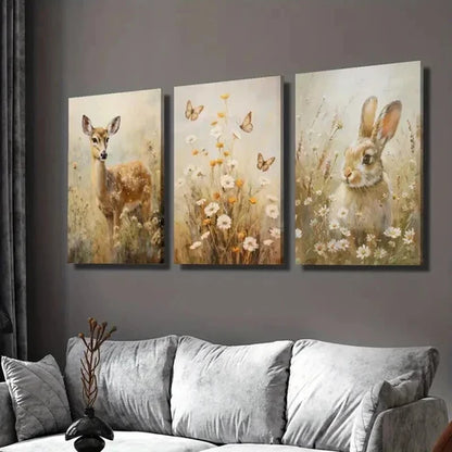 3pcs Deer And Bunny Scenery in Flower Field Wall Art Set Canvas Unframed - High Quality Print 100% Australian Made Wall Canvas - Bella Home Decor