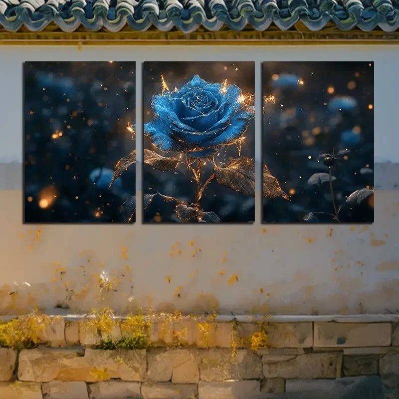 3pcs Beautiful Blue roses with Golden Accents Metal Print Ready to Hang Art - Bella Home Decor