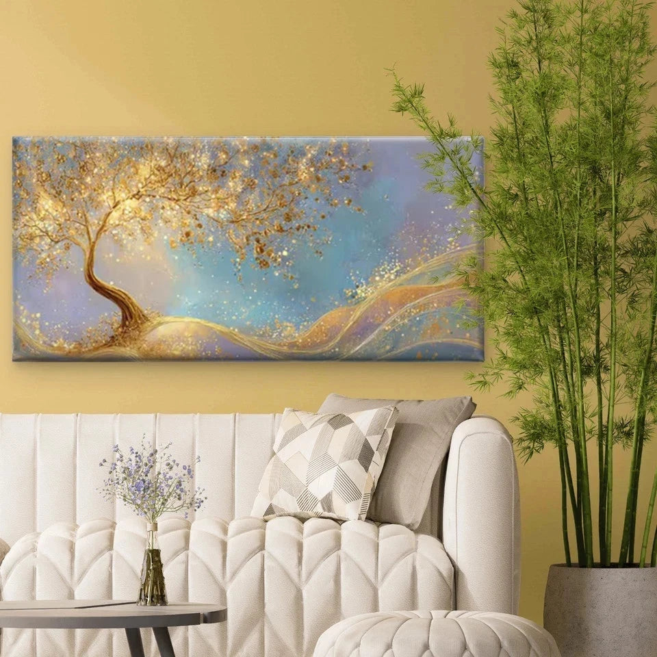 Golden Tree Luminous Waves Wall Art Canvas Office Home Room Framed 120x60cm