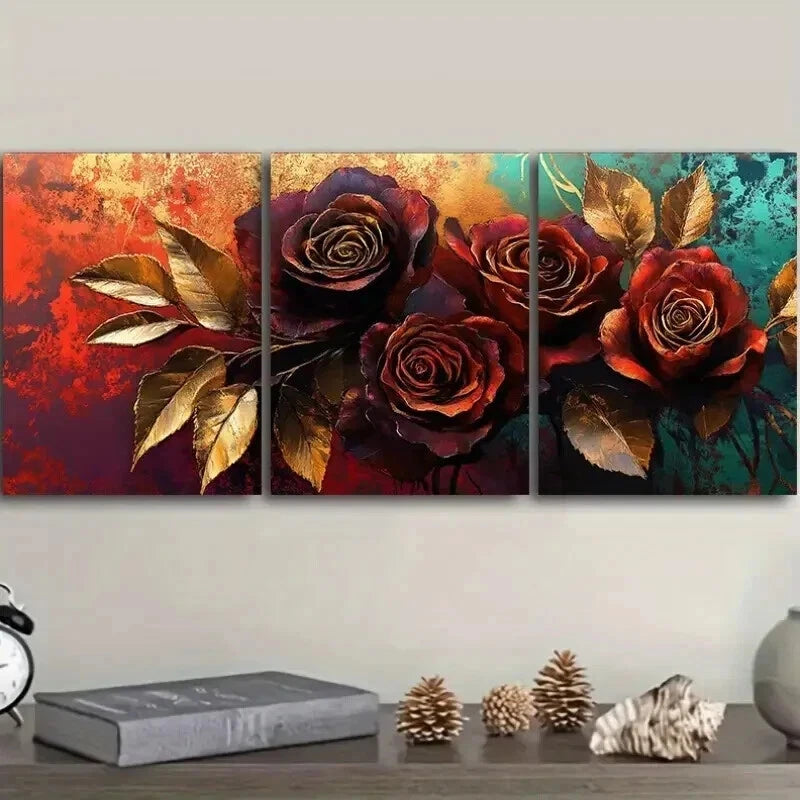 3pcs Painting Of A Rose In Golden Leaf Wall Art Set Canvas Framed 50x70cm - High Quality Print 100% Australian Made Wall Canvas Ready to Hang
