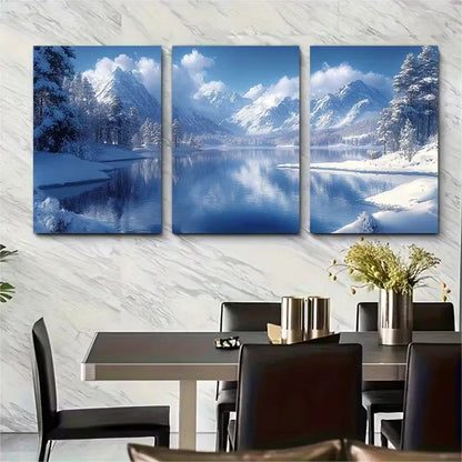 3pcs Snowy Lake Mountains Metal Print Ready to Hang Art