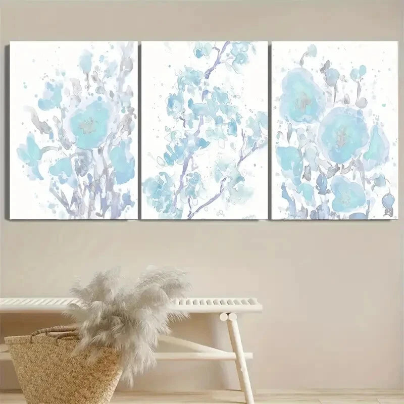 3pcs Pastel Blue Floral Poppy Wildflower Metal Print Ready to Hang Art - Bella Home Decor