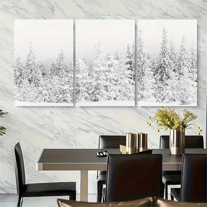 3pcs Serene Snow-Covered Pine Trees Metal Print Ready to Hang Art